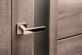Close up of stylish silver chrome door handle on modern interior door. Royalty Free Stock Photo