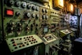 close-up of submarine control panels with various buttons