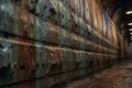 a close-up of the subway tunnel walls showing the texture and wear