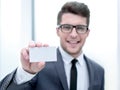 Close up.successful businessman showing his business card Royalty Free Stock Photo