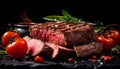 Close up of succulent and flavorful ribeye steak slices, exquisitely cooked and irresistibly juicy