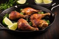 close up of succulent jerk chicken drumsticks in a skillet