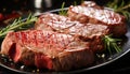 Close up of succulent, juicy ribeye steak slices, exuding mouthwatering tenderness and rich flavor