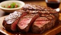 Close up of succulent, juicy ribeye steak slices irresistible tenderness and flavor