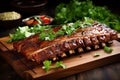 Close up of succulent and mouthwatering roasted barbecue pork ribs with perfectly sliced meat