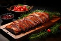 Close up of succulent roasted sliced barbecue pork ribs with juicy, tender slices of meat