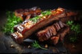 Close up of succulent roasted sliced barbecue pork ribs with tender and flavorful slices of meat