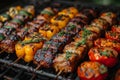 Close-up of succulent smoky meats and colorful grilled vegetables on a grill.. AI generated.