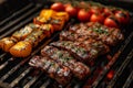 Close-up of succulent smoky meats and colorful grilled vegetables on a grill.. AI generated.