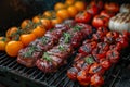 Close-up of succulent smoky meats and colorful grilled vegetables on a grill.. AI generated.