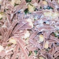 Close up of the succulent and typical Italian dish Pizzoccheri. Typical dish from Valtellina, Lombardy, Italy