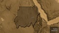 Sudan border shape overlay. Bevelled. Sepia elevation. Labels Royalty Free Stock Photo