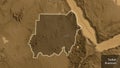 Sudan border shape overlay. Glowed. Sepia elevation. Labels Royalty Free Stock Photo