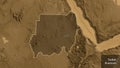 Sudan border shape overlay. Outlined. Sepia elevation. Labels Royalty Free Stock Photo