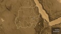 Shape of Sudan with regional borders. Sepia elevation. Labels Royalty Free Stock Photo