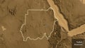 Shape of Sudan. Glowed. Sepia elevation. Labels Royalty Free Stock Photo