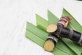 Close up sugar cane on rustic wood table.Brown sugar and cane on wood background.Cane top view.Cane .