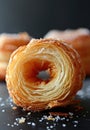 Close-up of a sugar-coated cronut on a dark background