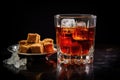 close-up of sugar cubes alongside a full glass of cola Royalty Free Stock Photo