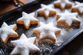 close-up of sugar-dusted, star-shaped cookies on a baking tray