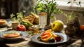 A close-up of a Sukkah table set with festive dinnerware Royalty Free Stock Photo