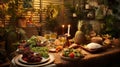 A close-up of a Sukkah table set with festive dinnerware Royalty Free Stock Photo