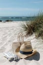 Close-up of a summer beach bag and hat on a sandy beach Royalty Free Stock Photo