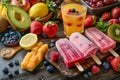 Close-up of summer treats: ice cream scoops, fruity popsicles, a bowl of fresh fruits, a glass of lemonade, and a