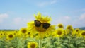 Close up Sunflower field natural background. Sunflower with glasses Royalty Free Stock Photo