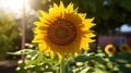 Close-up of a sunflower with seeds on the background of a field with half sunflowers, sunny day, harvesting Royalty Free Stock Photo