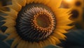 a close up of a sunflower with the sun shining behind the petals and the center of the flower with a blurred background of the