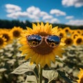 Close-up of sunflower with sunglasses. Flower filed under blue sky on sunny day. Concept of nature, summer season Royalty Free Stock Photo