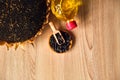 Close-up of a sunflowers, bottle with oil and sunflower seeds Royalty Free Stock Photo