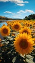 A close up of sunflowers in a sunflower field in the summer along a river with mountains and trees faded in the backdrop