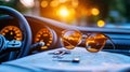 Sunglasses on the Car Dashboard with Keys and Map Royalty Free Stock Photo