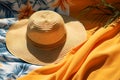 A close-up of a sunhat and beach towel in the sun