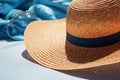 A close-up of a sunhat and sunglasses in the sun