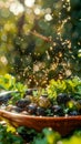 Close up of Sunlit Fresh Olives in a Bowl with Water Splashes Surrounded by Greenery