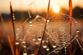 Close up Sunrise backlit dew drops clinging to a delicate spider web. Generative AI Royalty Free Stock Photo