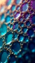 Close-up of a surface with colorful triangular and polygon facets, featuring intricate textures