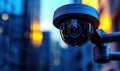 Close-up of a surveillance camera in an urban setting, demonstrating security technology against a vibrant city backdrop Royalty Free Stock Photo