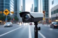 Close-up on a surveillance video camera on a city street