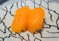 Close up sushi fresh salmon. Japanese food for healthy.salmon sushi. Royalty Free Stock Photo