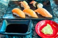 Close up sushi fresh salmon. Japanese food for healthy.salmon sushi. salmon sushi, premium sushi menu. Royalty Free Stock Photo