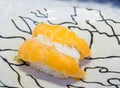 Close up sushi fresh salmon. Japanese food for healthy.salmon sushi. Royalty Free Stock Photo