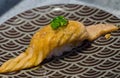Close up sushi fresh salmon. Japanese food for healthy.salmon sushi. salmon sushi Royalty Free Stock Photo