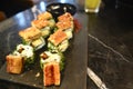 Close up on sushi freshwater eel grilled. Japanese food for healthy. unagi sushi, premium sushi menu Royalty Free Stock Photo