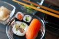 Nigirizushi, a hand pressed sushi, covered with salmon