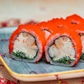 Close-up of Sushi Platter With Freshly Prepared Rolls and Assorted Seafood Royalty Free Stock Photo