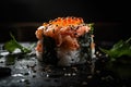 Close up of a sushi roll. Generative AI